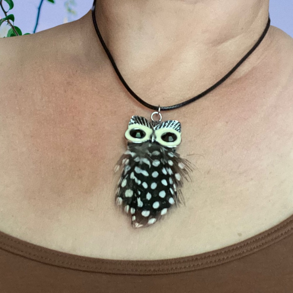 Hand Crafted Necklace Owl Feather Brown Pendant Adjustable Faux Leather - Picture 8 of 9